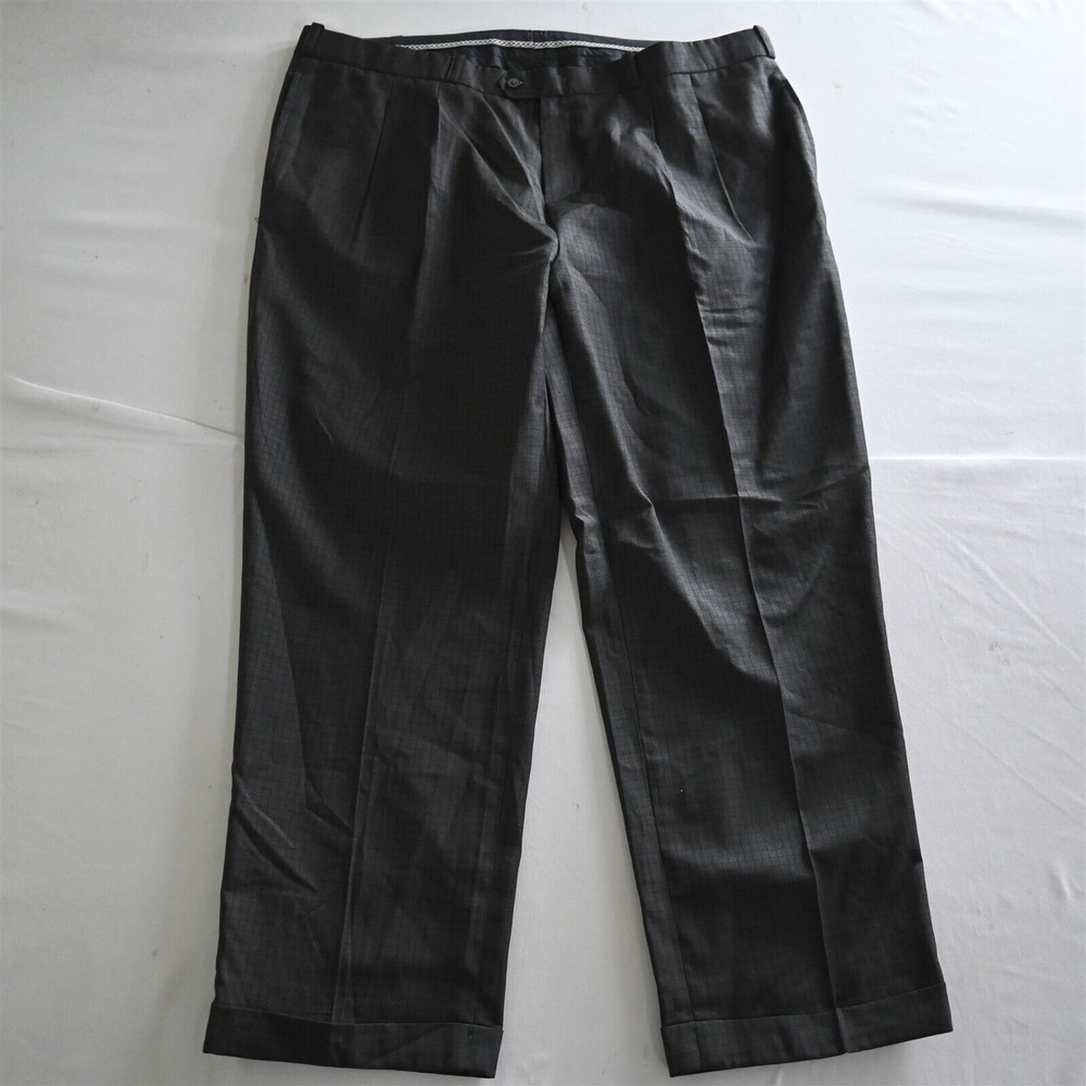 Bespoke Mens 40x30‎ Gray Tattersall Check Pleated Cuffed Dress Pants
